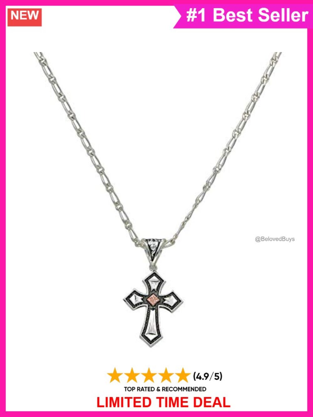 Sterling Silver Western Cross Pendant Necklace Figaro Chain